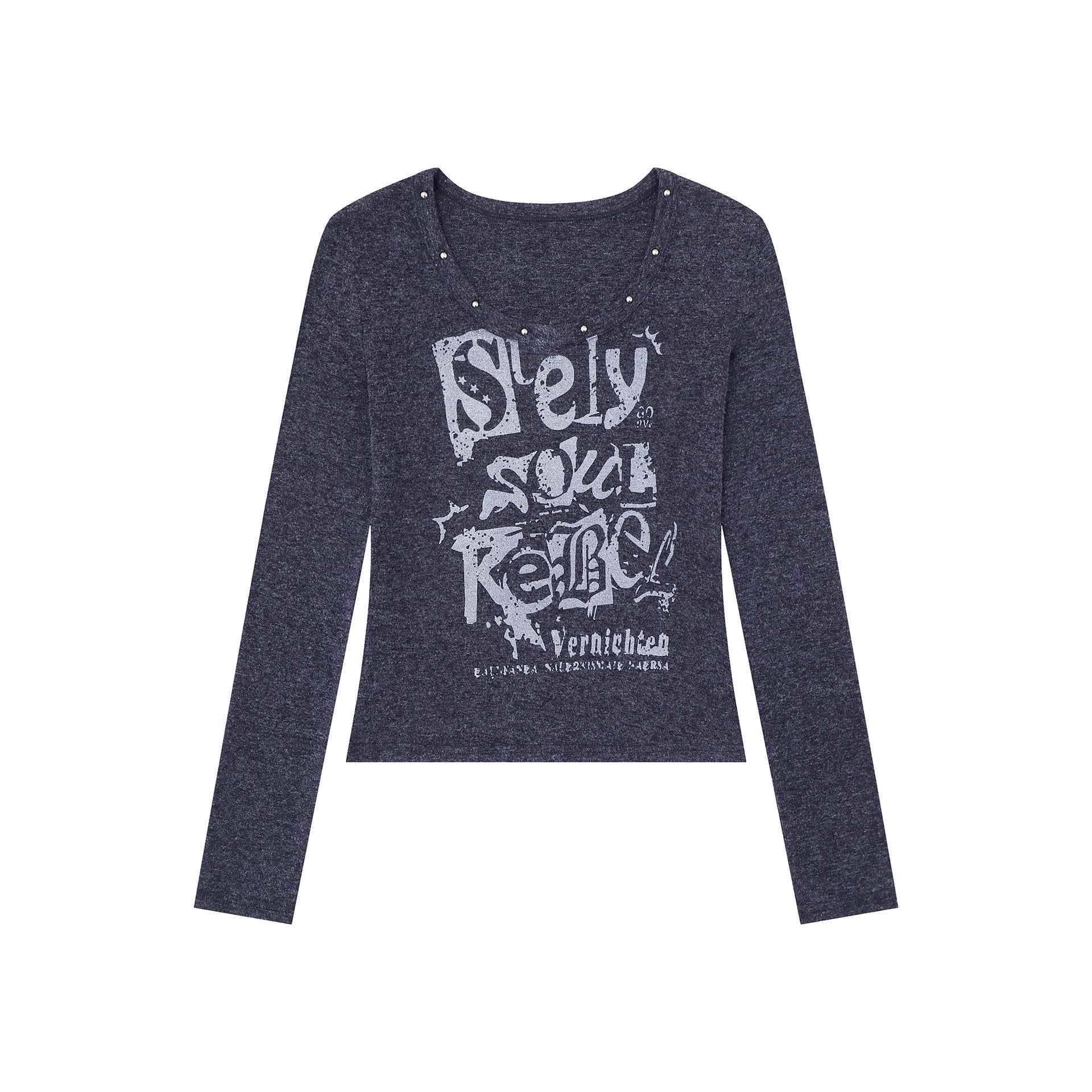 Letter U-Neck Long Sleeve Women's Stud Decorated Slim Fit Crop Top | MuddyStock Originals Gray