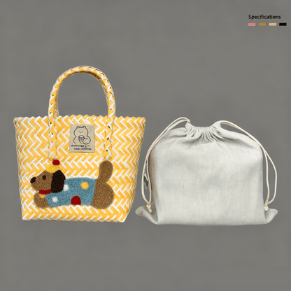Large capacity sausage dog hand woven cabbage basket bag Handbag - Yellow and White Polka Dot Dog (with lining)