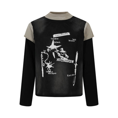 Fake two piece color blocked long sleeved shirt for women | MuddyStock Originals Black