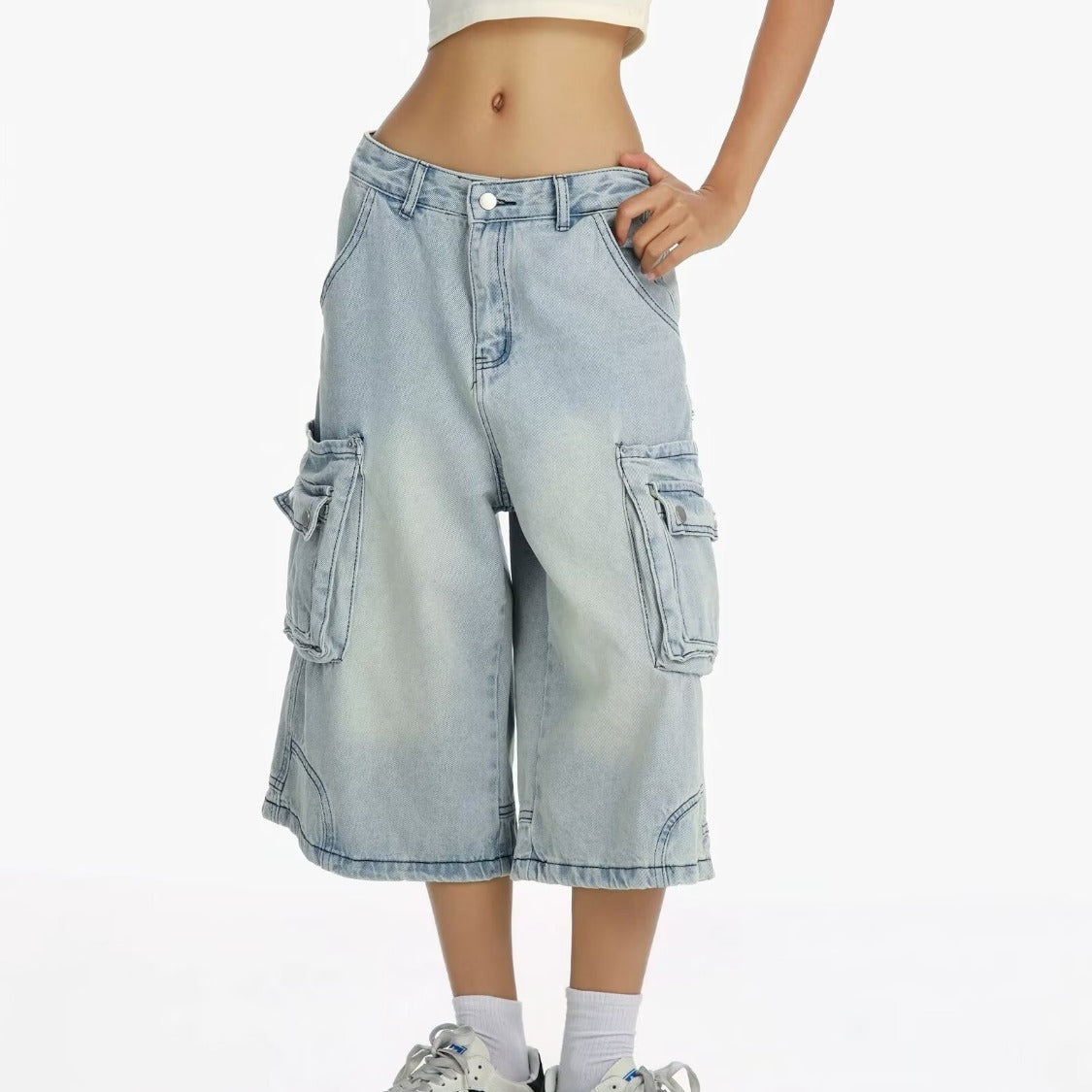 Washed Distressed Wide-Leg Denim Shorts For Women | MuddyStock Originals Light Blue