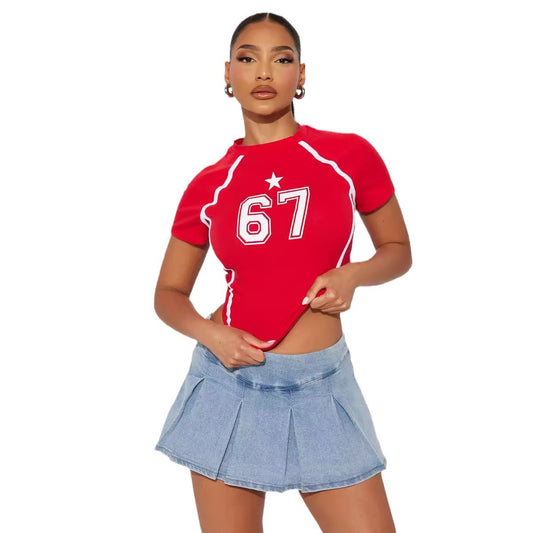Women's Round Neck Letter Print Short Sleeve Fitted Crop Top | MuddyStock Originals MuddyStock