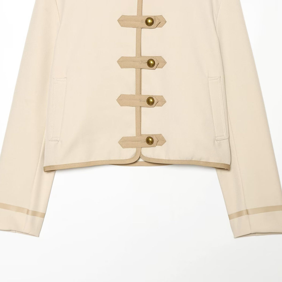 High neck long sleeved padded shoulder rope buttoned jacket