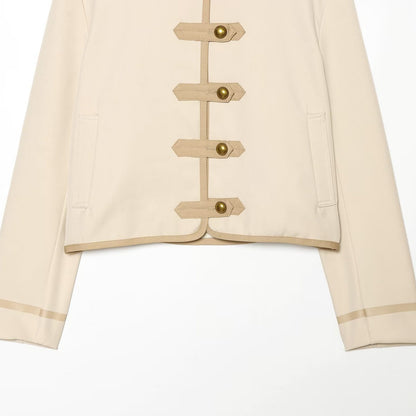 High neck long sleeved padded shoulder rope buttoned jacket