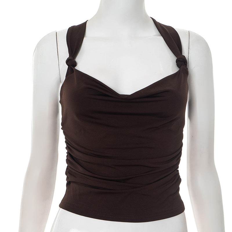 Women's Summer Pleated Cross-Back Short Crop Tank Top | MuddyStock Originals Brown MuddyStock