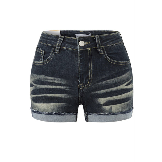 Denim Shorts for Women High Waist Sexy Cuffed Straight Leg A-Line Hot Pants Navy Blue