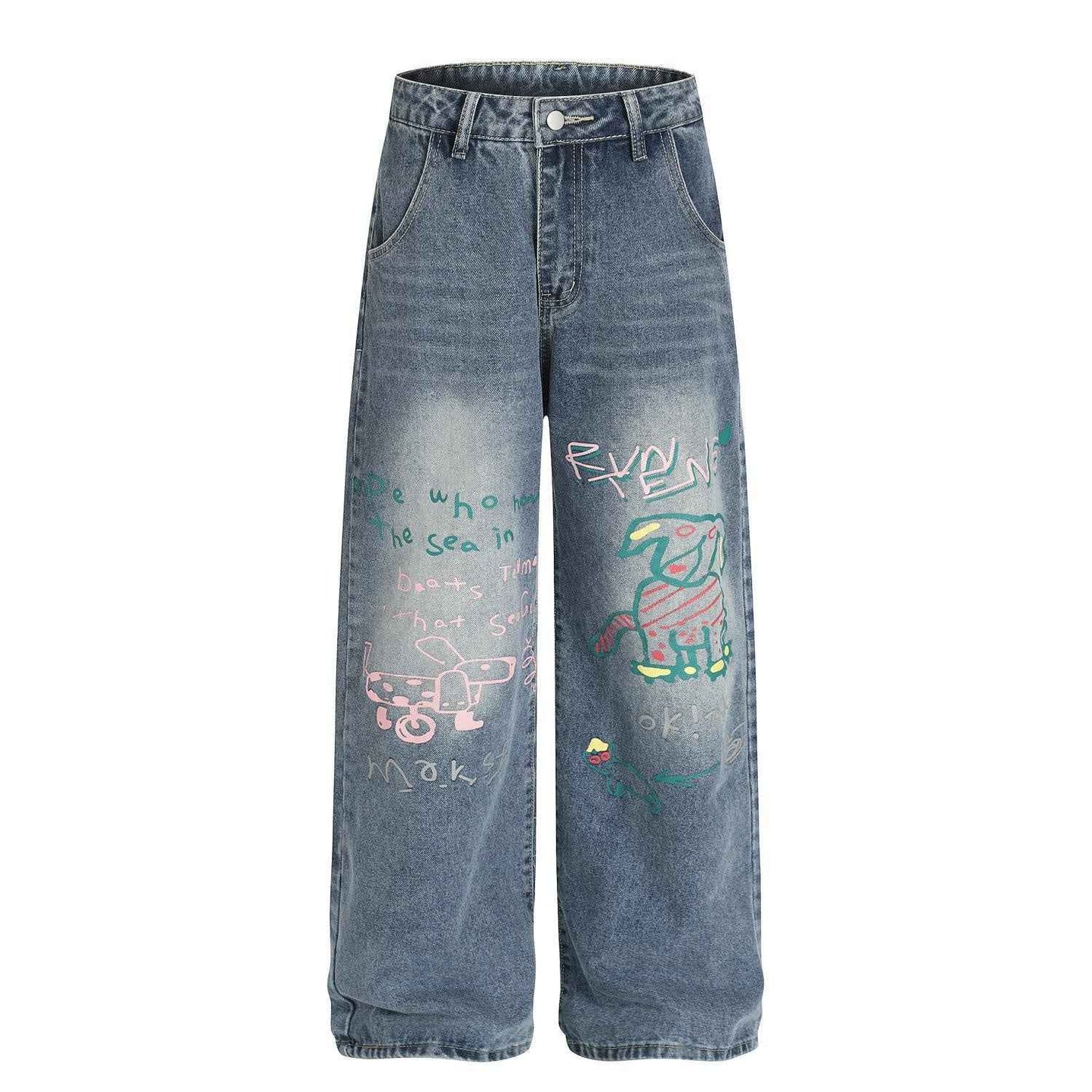 Fun retro graffiti puppy print jeans for women | MuddyStock Originals Blue MuddyStock