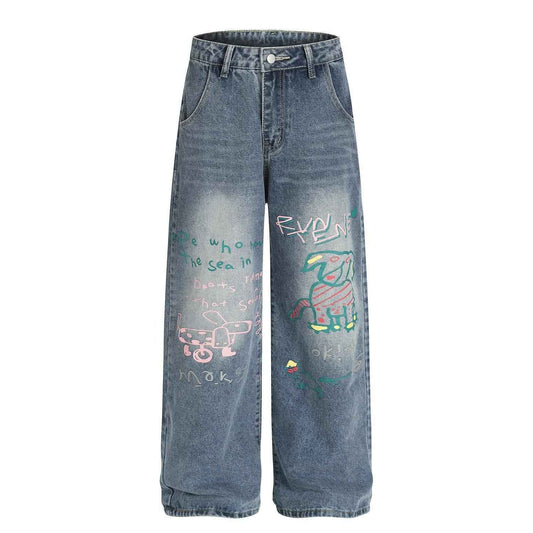 Fun retro graffiti puppy print jeans for women | MuddyStock Originals Blue MuddyStock