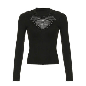Grid cross splicing slim fit long sleeved top for women | MuddyStock Originals Black