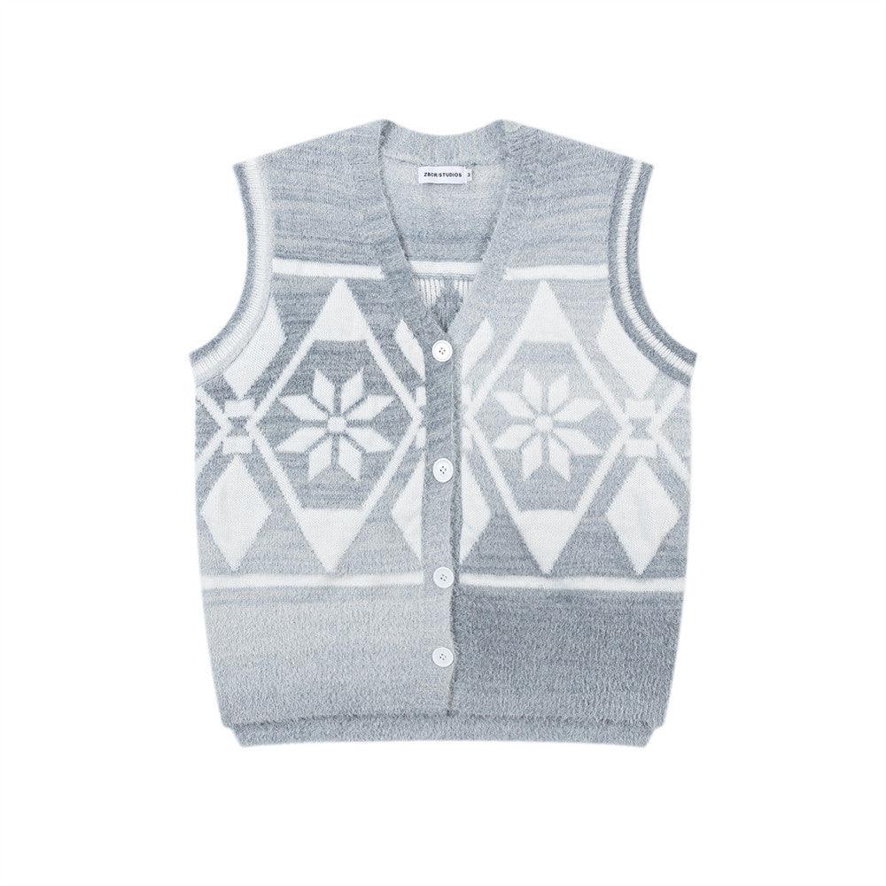 Colorful jacquard pattern V-neck cardigan sweater for women | MuddyStock Originals Gray Blue