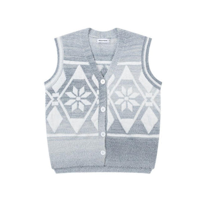 Colorful jacquard pattern V-neck cardigan sweater for women | MuddyStock Originals Gray Blue