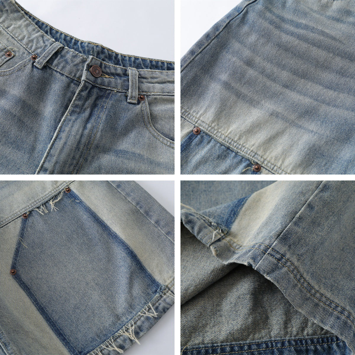 Washed Spliced Frayed Cuffed Jeans Unisex Cool Loose Casual Personality Trendy Shorts