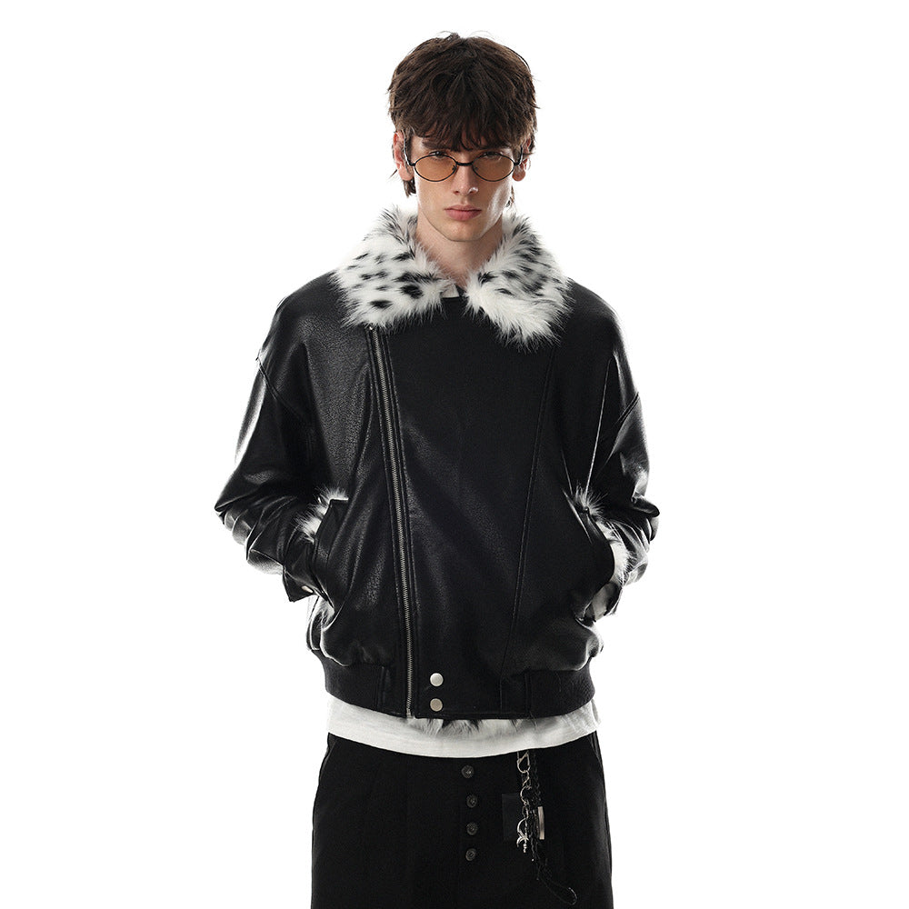 Men's Biker PU Leather Jacket with Diagonal Zipper and Fur Lapel Collar