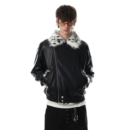 Men's Biker PU Leather Jacket with Diagonal Zipper and Fur Lapel Collar