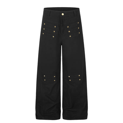 Metal Rivet Wide Leg Distressed Wash Vintage Drape Jeans For Women | MuddyStock Originals Black