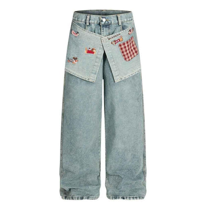 Cartoon embroidery loose denim pants for women | MuddyStock Originals Blue