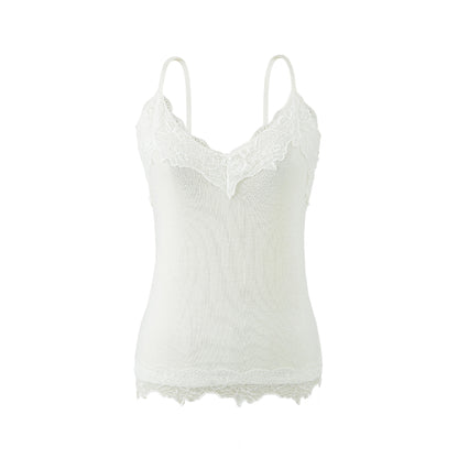 Reversible Wool Blend Camisole with Scalloped Lace Trim Soft Spring Innerwear Top White