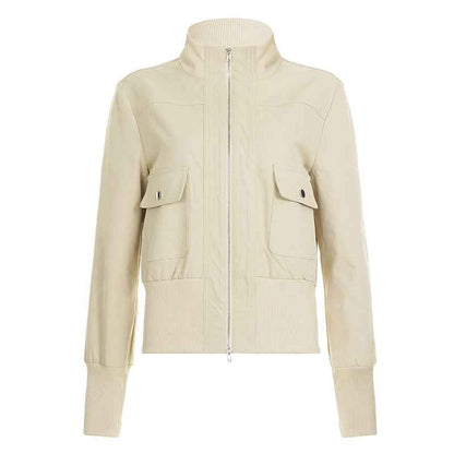 Biker Style Stand Collar Patchwork Zipper Jacket For Women | MuddyStock Originals Khaki MuddyStock