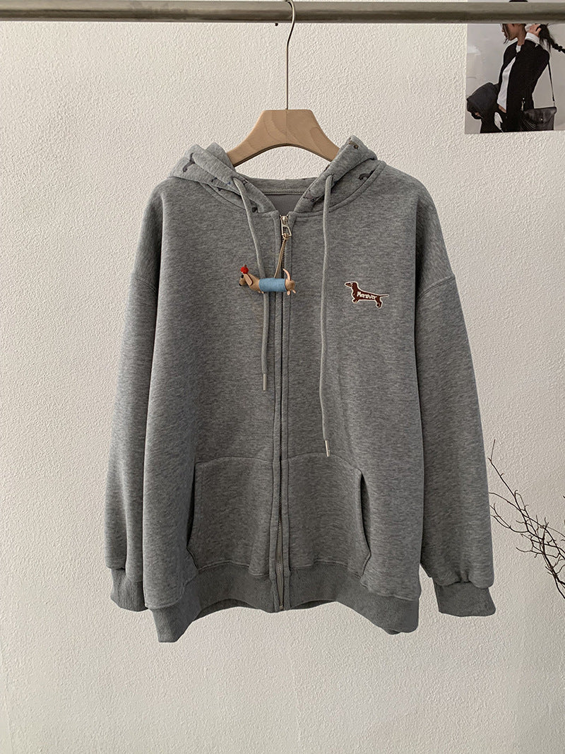 Embroidered Dog Print Hooded Zipper Sweatshirt Jacket Loose Casual Open Front Top Linen Gray One Size eprolo