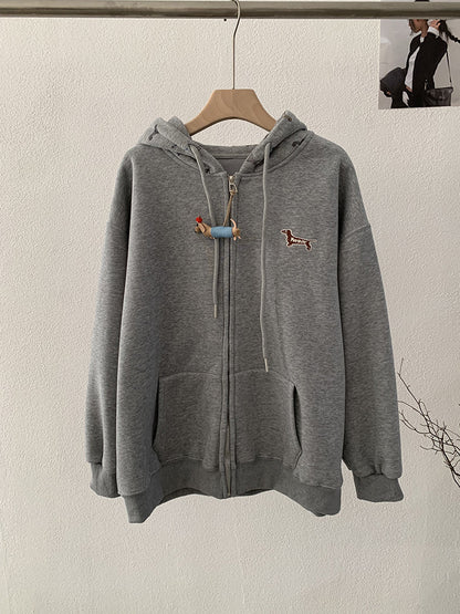 Embroidered Dog Print Hooded Zipper Sweatshirt Jacket Loose Casual Open Front Top Linen Gray One Size eprolo
