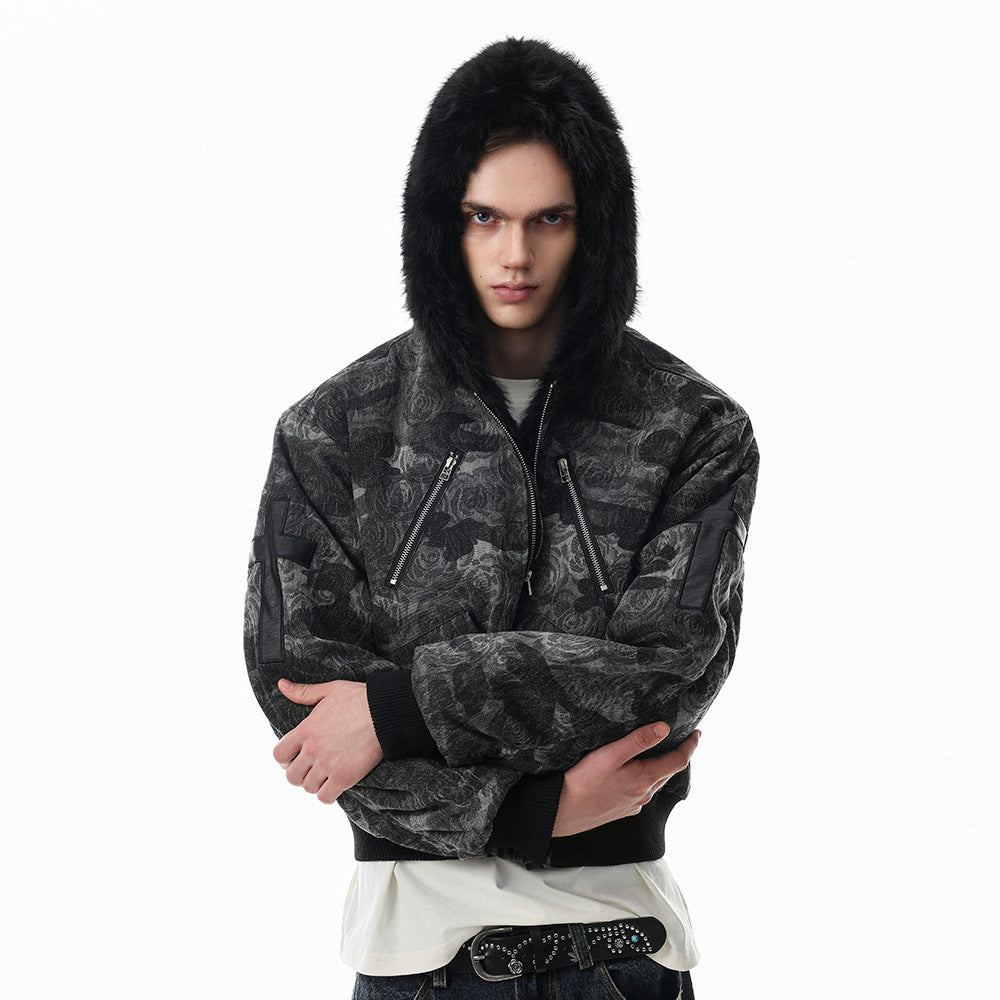 Punk Streetwear Camouflage Thickened Quilted Cotton Hooded Fur Collar Short Men's Jacket