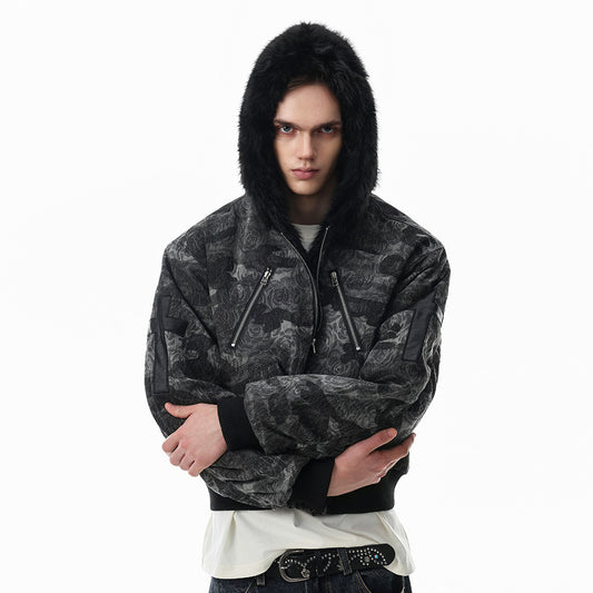 Punk Streetwear Camouflage Thickened Quilted Cotton Hooded Fur Collar Short Men's Jacket
