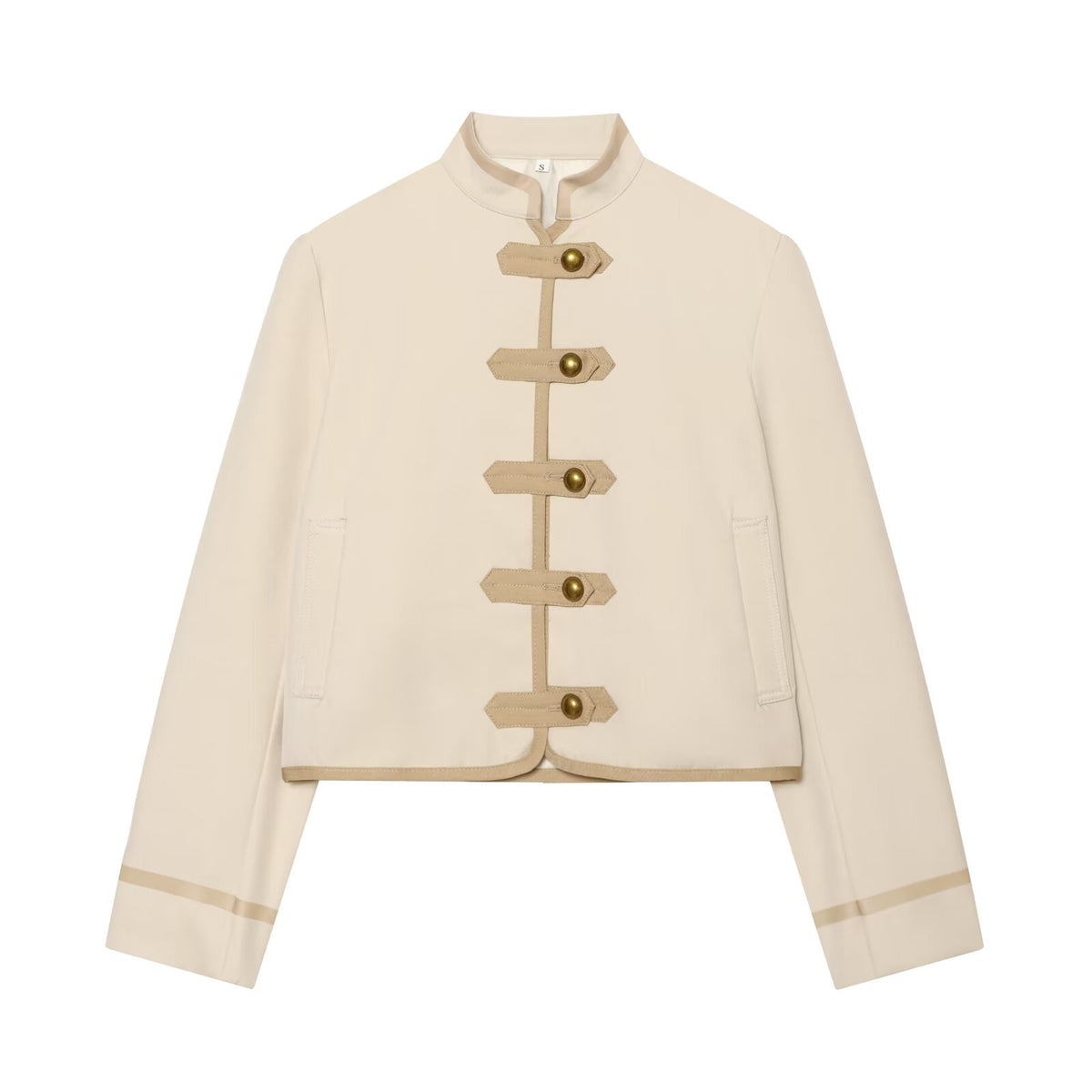 High neck long sleeved padded shoulder rope buttoned jacket Beige