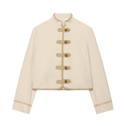 High neck long sleeved padded shoulder rope buttoned jacket Beige