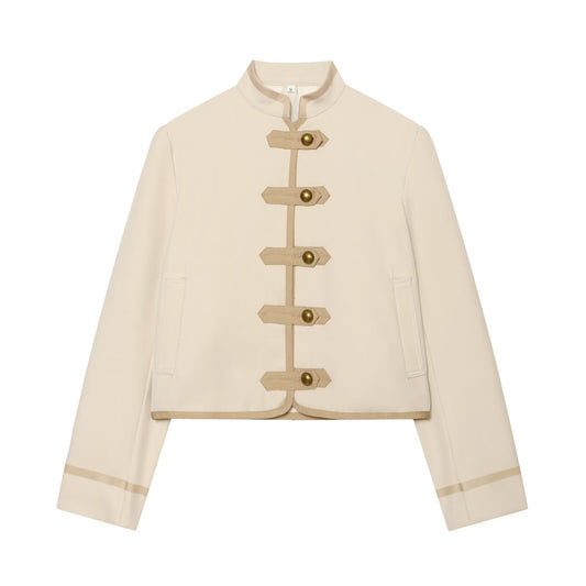 High neck long sleeved padded shoulder rope buttoned jacket Beige