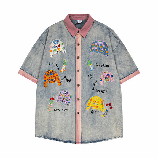 Retro Heavy Embroidery Color Block Denim Short Sleeve Shirt Unisex Summer Design BF Couple Shirt eprolo