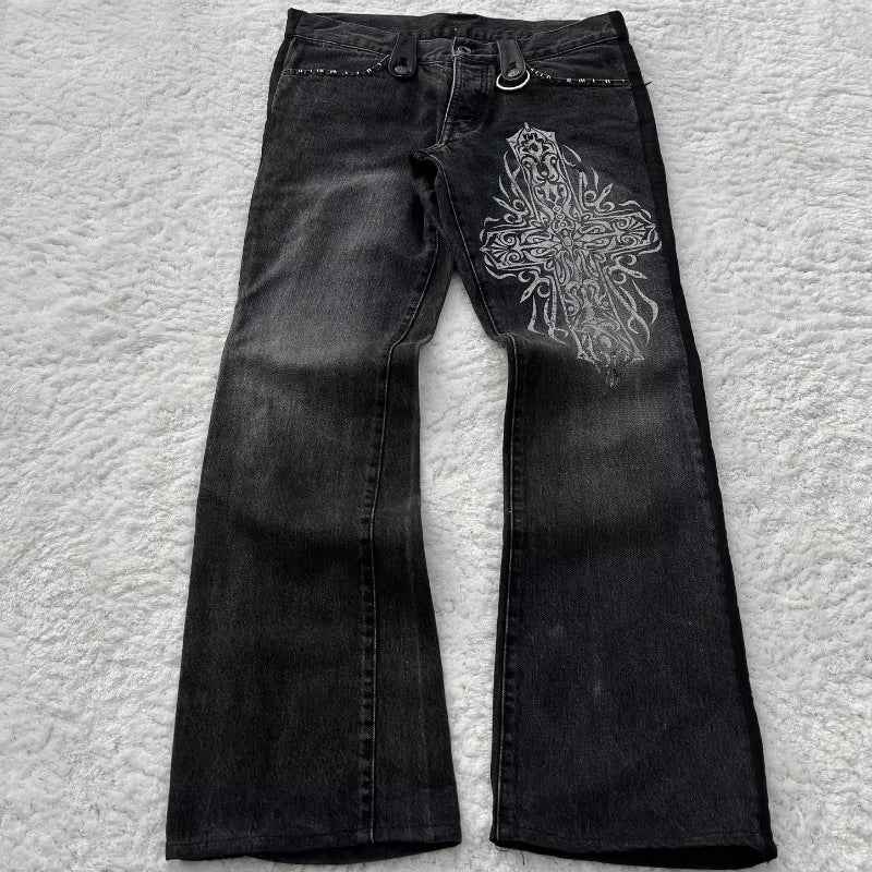 Dark Style Cross Print Washed Flared Jeans For Women | MuddyStock Originals Black
