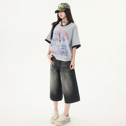 Women's Washed Seven-Quarter Denim Pants Loose Straight Wide-Leg Mid-Length Trousers