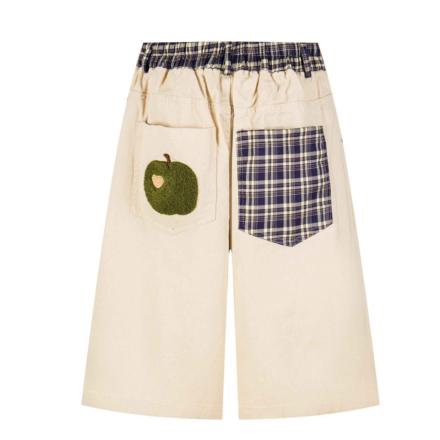 Cat Embroidered plaid Waist Head Contrasting Color Wide Leg Shorts