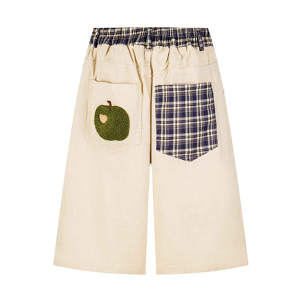 Cat Embroidered plaid Waist Head Contrasting Color Wide Leg Shorts