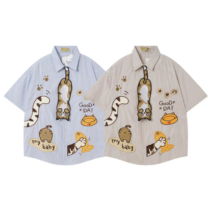 Cat Fishing Cartoon Design Short Sleeve Shirt For Women | MuddyStock Originals