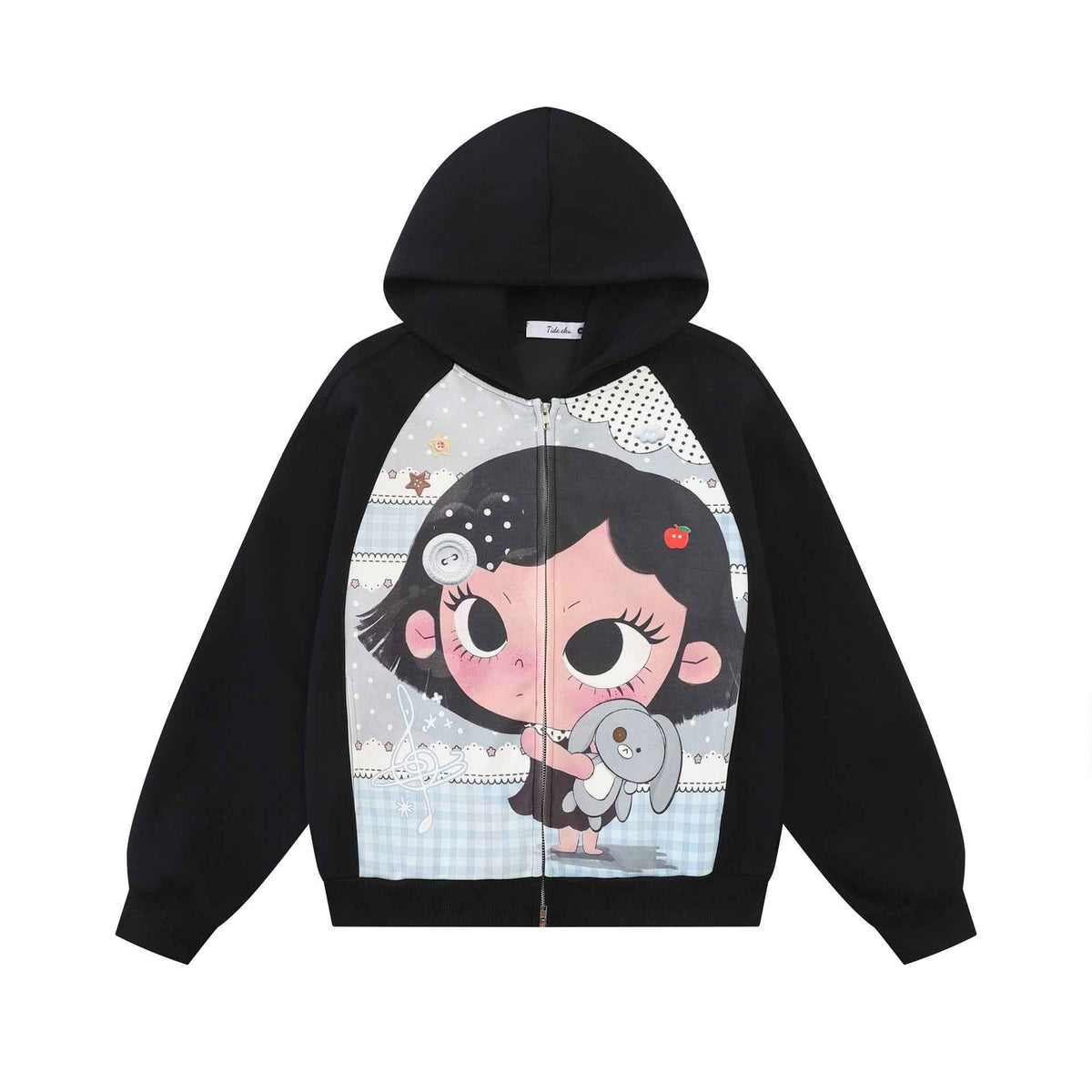 Cute Cartoon Graphic Color Block Raglan Sleeve Loose Hoodie For Women | MuddyStock Originals Black