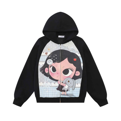 Cute Cartoon Graphic Color Block Raglan Sleeve Loose Hoodie For Women | MuddyStock Originals Black