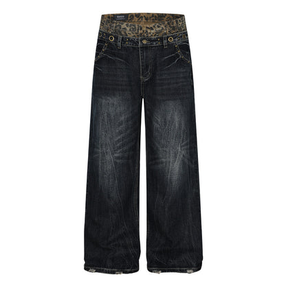 Fake two piece pair of jeans with spliced waistband for women | MuddyStock Originals Black