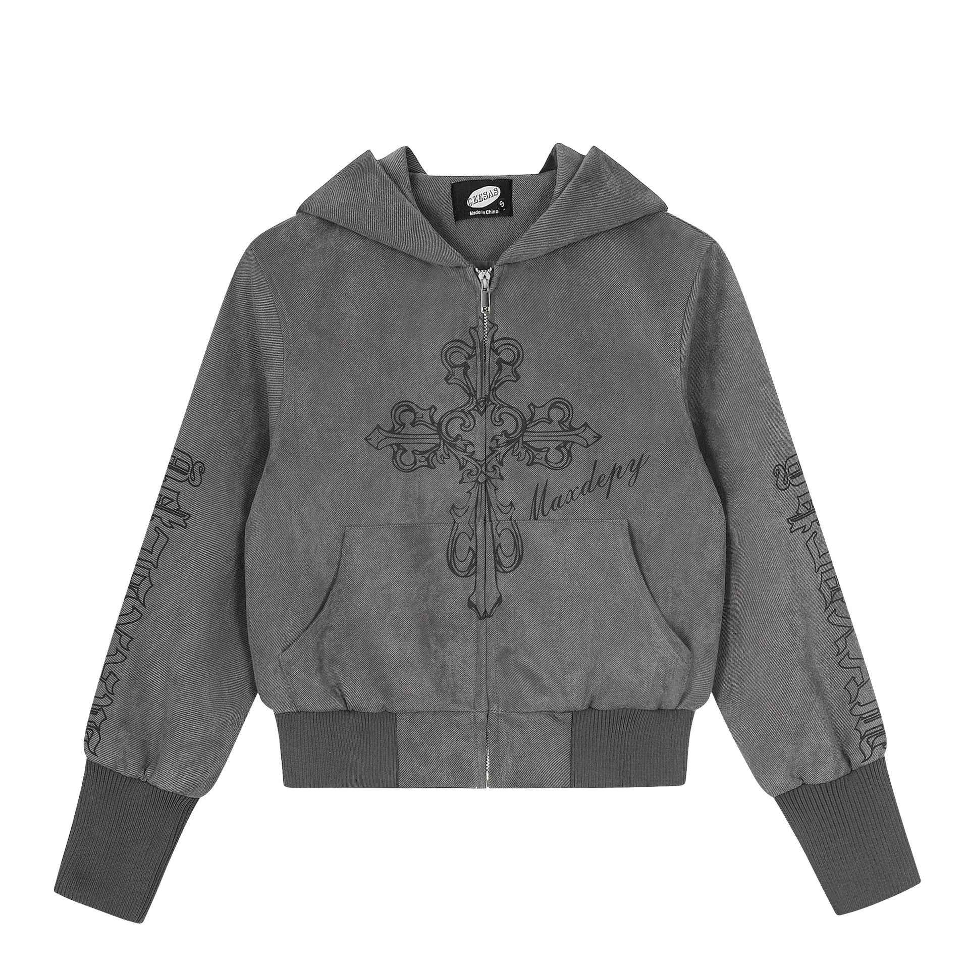 Retro cross print short hoodie for women | MuddyStock Originals Gray
