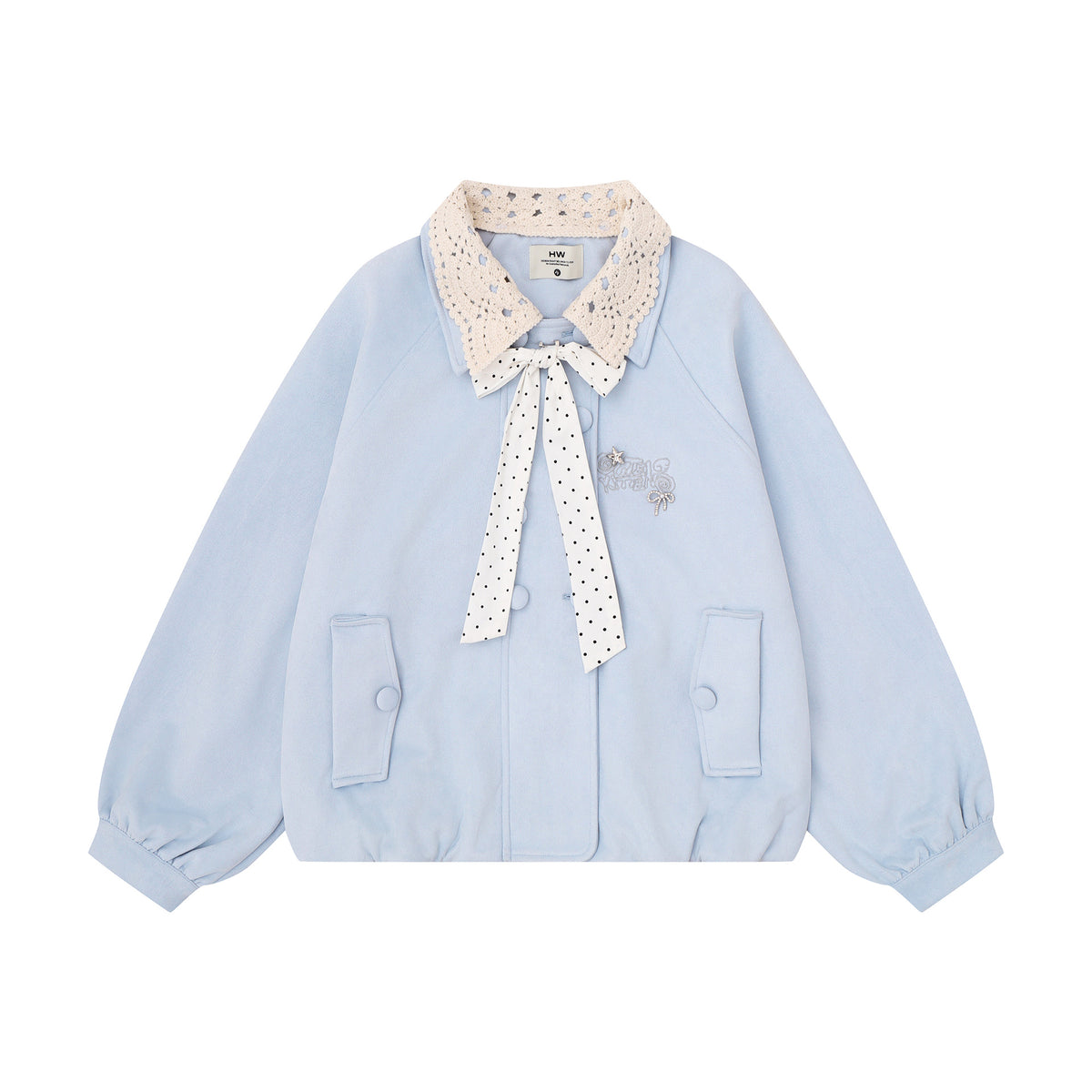 Women's Short Jacket with Lace Trim Collar and Polka Dot Design | MuddyStock Originals Blue