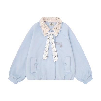 Women's Short Jacket with Lace Trim Collar and Polka Dot Design | MuddyStock Originals Blue