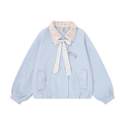 Women's Short Jacket with Lace Trim Collar and Polka Dot Design | MuddyStock Originals Blue