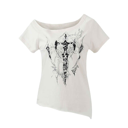 Off-Shoulder Short Sleeve T-Shirt , Cross Print Irregular Pure Seductive Style Fitted Comfortable Top Apricot