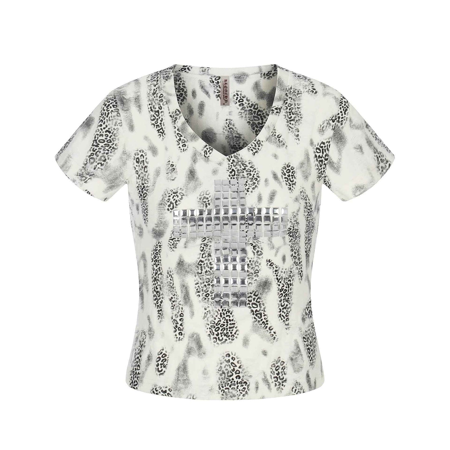 Distressed Leopard Print V-Neck Short Sleeve T-Shirt Top For Women | MuddyStock Originals White
