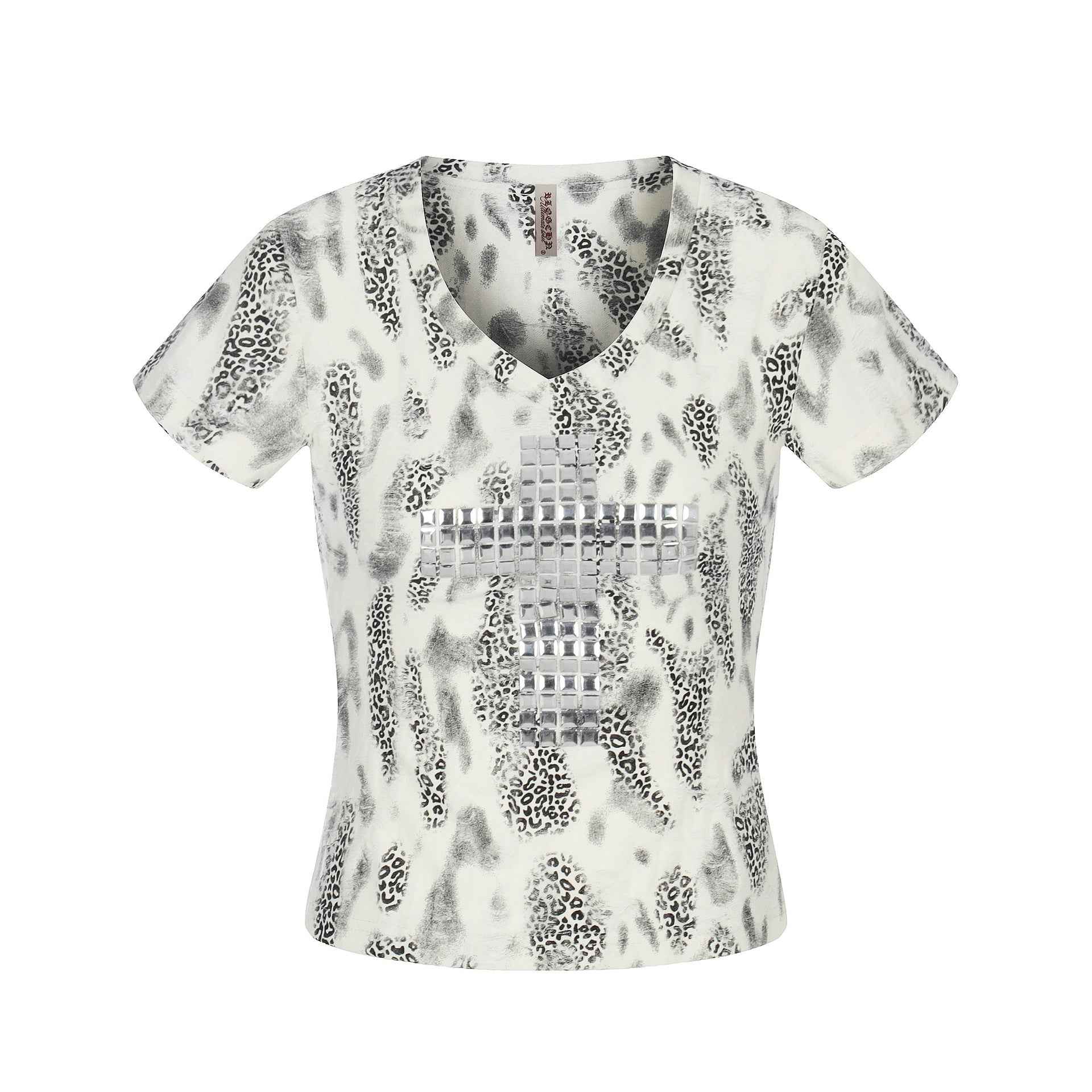 Distressed Leopard Print V-Neck Short Sleeve T-Shirt Top For Women | MuddyStock Originals White