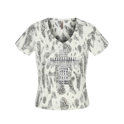 Distressed Leopard Print V-Neck Short Sleeve T-Shirt Top For Women | MuddyStock Originals White