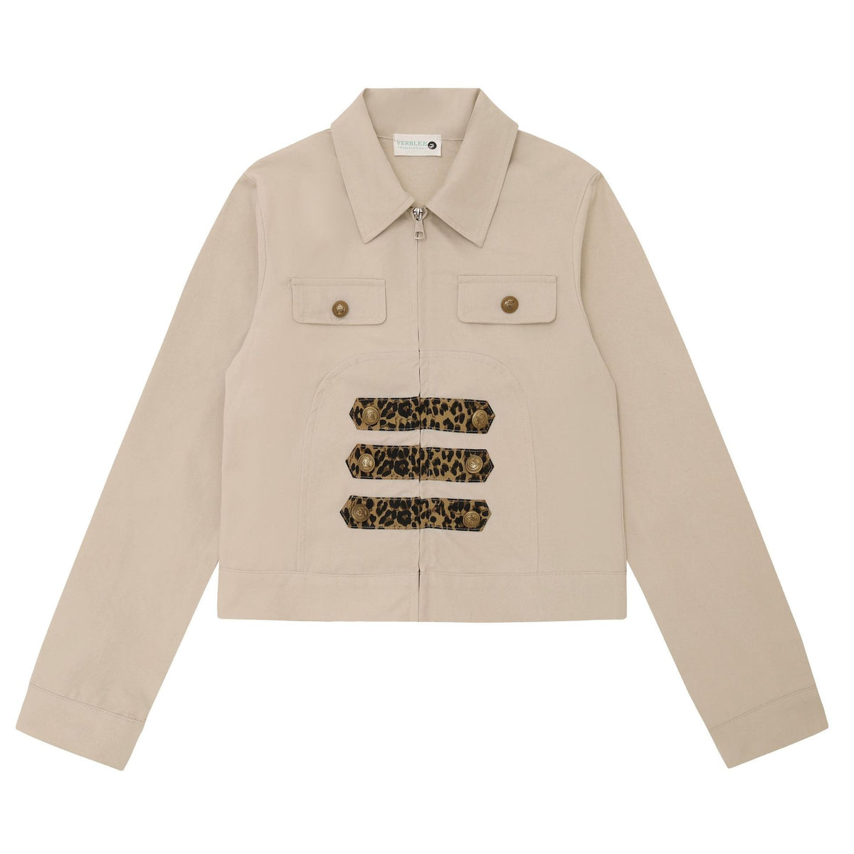 Leopard Print Zipper Lapel Workwear Jacket For Women | MuddyStock Originals Khaki
