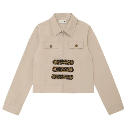 Leopard Print Zipper Lapel Workwear Jacket For Women | MuddyStock Originals Khaki