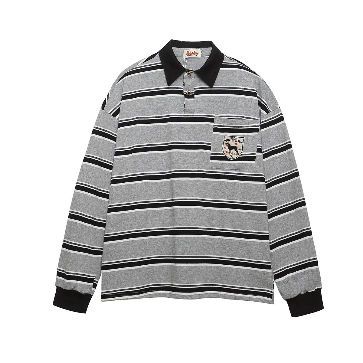 College style badge embroidered lapel polo shirt striped base shirt Gray