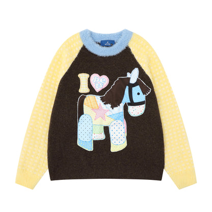 Color blocking pony pattern sweater for women | MuddyStock Originals Brown