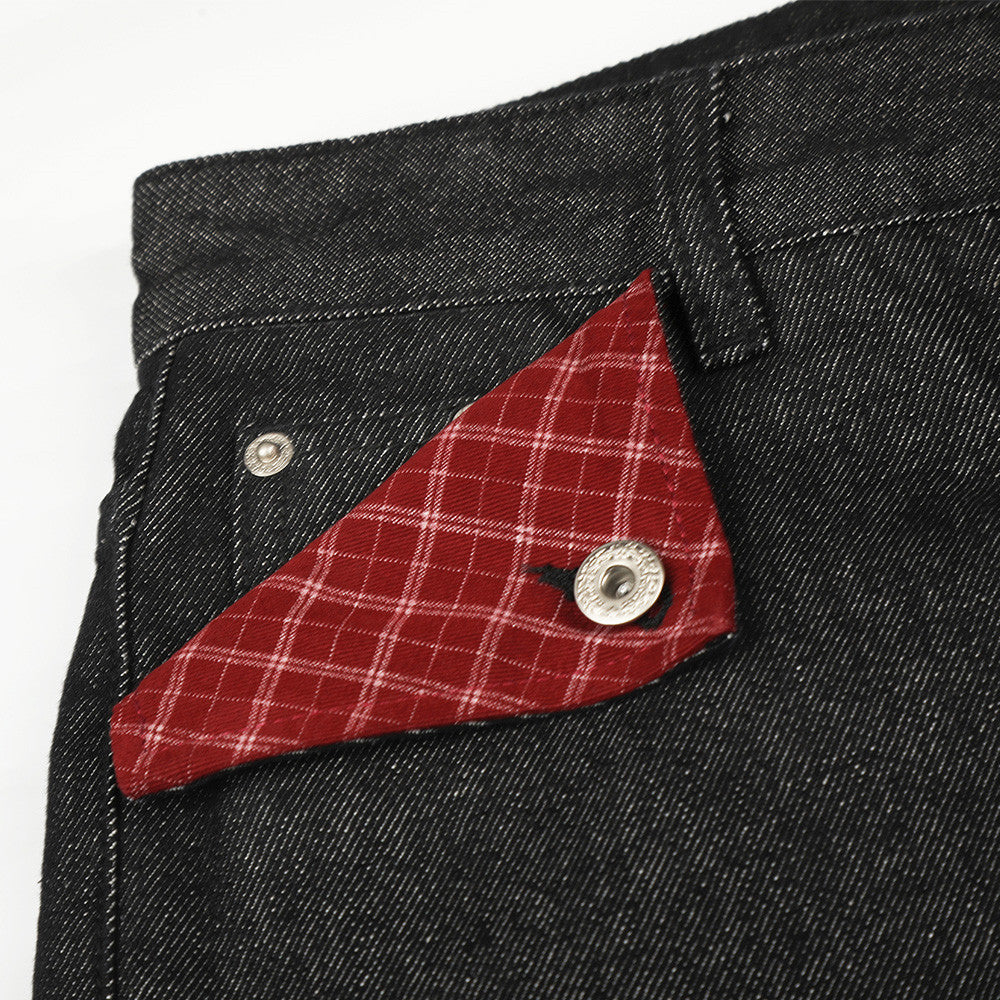 Men's Workwear High Street Denim Pants Color Block Plaid Cuffed Hem Loose Wide Leg Straight Trousers